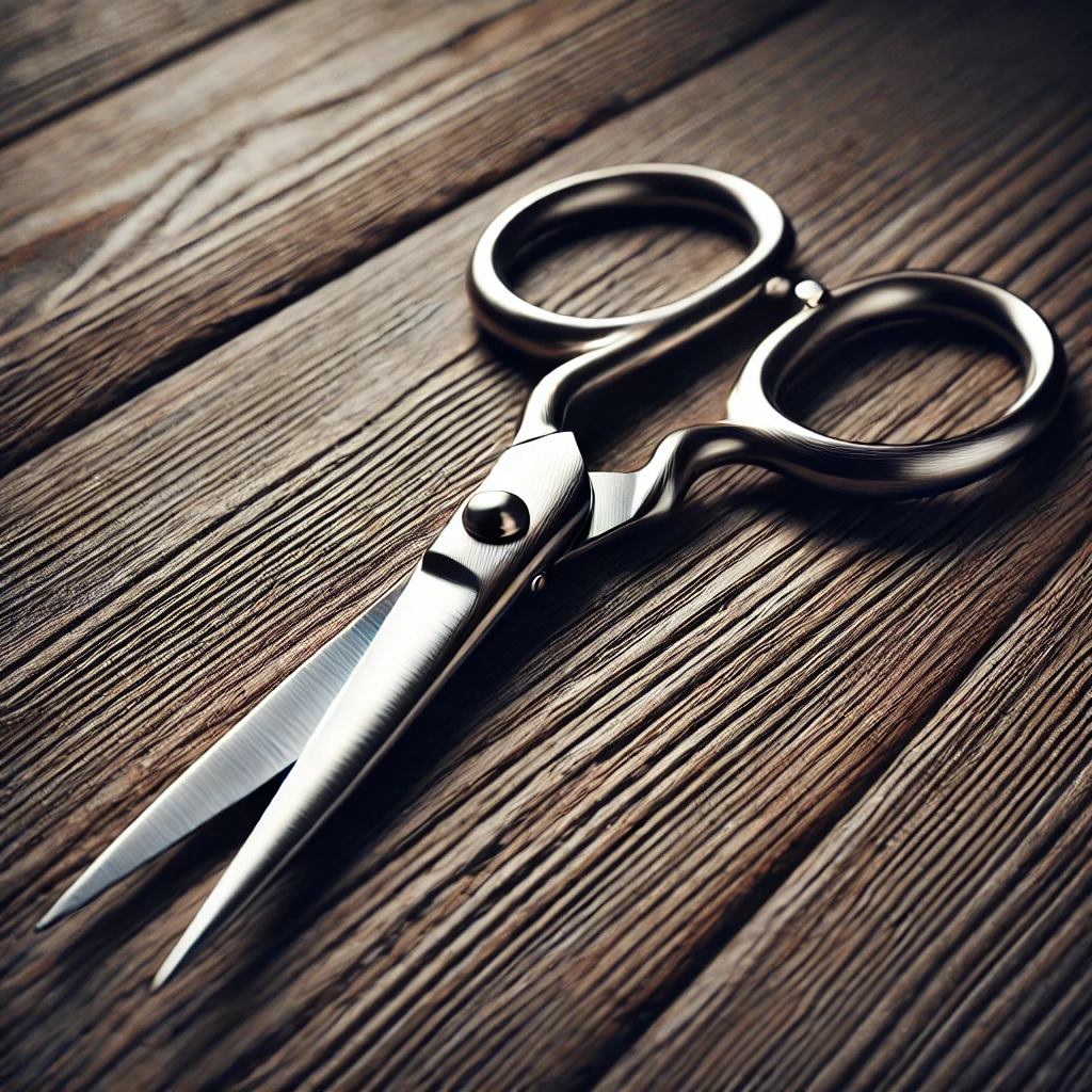 DALL·E 2025-01-19 16.34.44 - A detailed close-up of a pair of traditional tailor's scissors with sharp pointed tips, made entirely of polished stainless steel. The scissors are pl